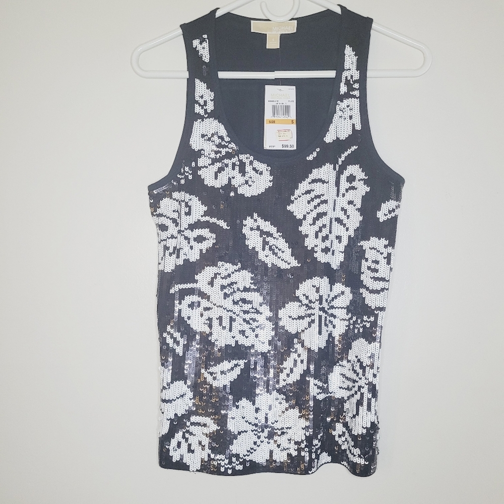 New MICHAEL KORS Sequin Tank Top Women's Small Black Sleeveless Leaf Flower